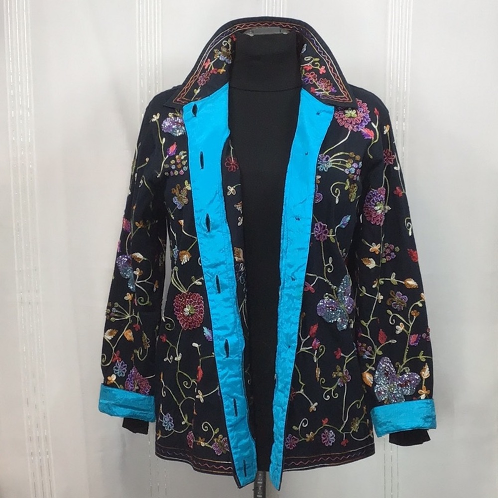 🪿Quacker Factory Black Floral Beaded Embroidered Button Front Turquoise Trim